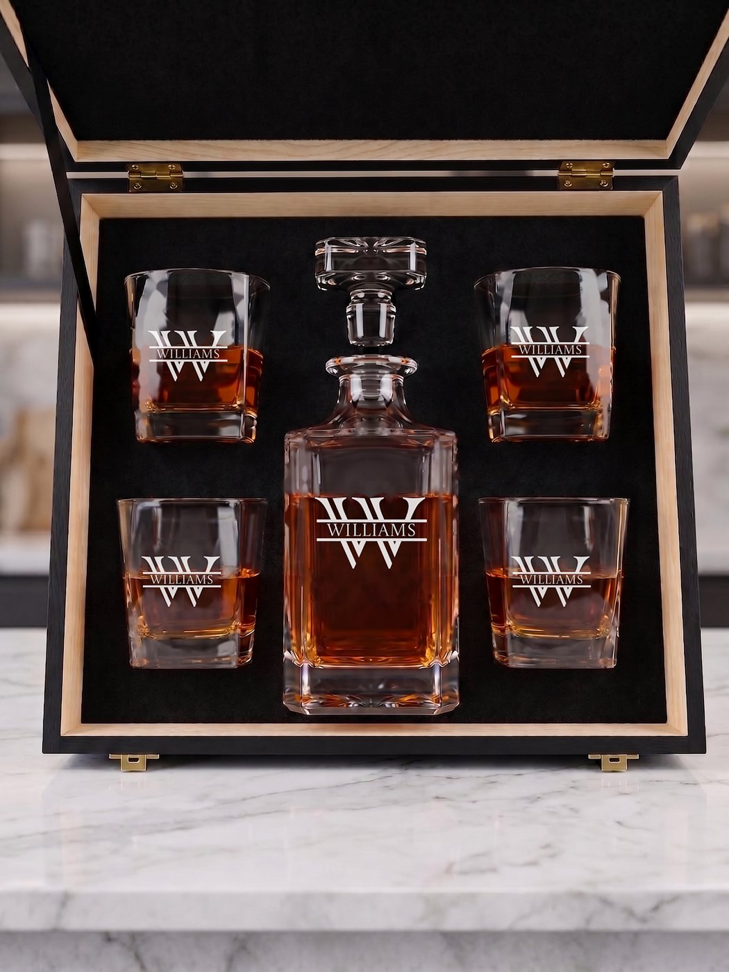 Classic monogram style on a decanter set